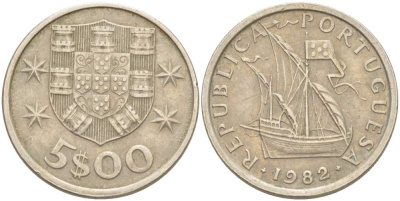 ПОРТУГАЛИЯ 5 ЭСКУДО 1982 ПАРУСНИК KM 591 медно-никель 4523-554