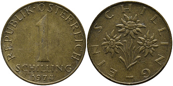 АВСТРИЯ 1 ШИЛЛИНГ 1974 KM 2886 алюминиевая бронза 33-521