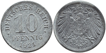 ГЕРМАНИЯ 10 ПФЕННИГОВ 1921 KM 26, J. 299 цинк 4395-1253