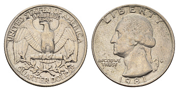 США 25 центов (квотер) 1981 P, Вашингтон KM А164а медь плакированная медно-никелем 4681-443