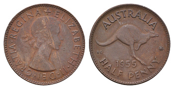 Австралия 1/2 пенни 1955 Елизавета II (1952-2022), кенгуру KM 49 бронза 4671-443