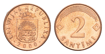Латвия 2 сантима 2000 KM 21 сталь плакированая медью UNC 3955-1269