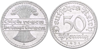 ГЕРМАНИЯ 50 ПФЕННИГОВ 1921 A KM 27, J. 301, Weege 10 алюминий 261-733