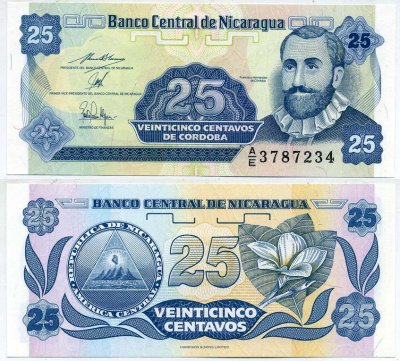 Никарагуа 25 сентаво 1991 Франсиско Эрнандес де Кордоба Pick 170 a бумага UNC (пресс) 7547-63-3