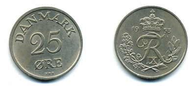 Дания 25 эре 1953 N; S, Фредерик IX (1947-1972) KM 842 медно-никель UNC 25-446