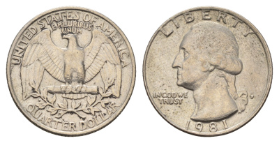 США 25 центов (квотер) 1981 P, Вашингтон KM А164а медь плакированная медно-никелем 4681-443