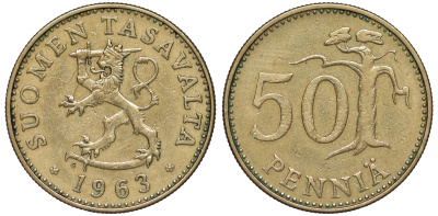 Финляндия 50 пенни 1963 S KM 48 алюминиевая бронза 259-556