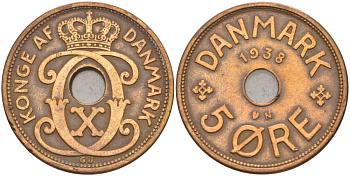 ДАНИЯ 5 ЭРЕ 1938 N; GJ, КРИСТИАН X (1912-1947) KM 828.2 бронза 69-522