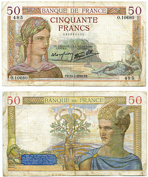 ФРАНЦИЯ 50 ФРАНКОВ 1939 13 ИЮЛЯ 1939 Pick 85b бумага 7219-19-1-1