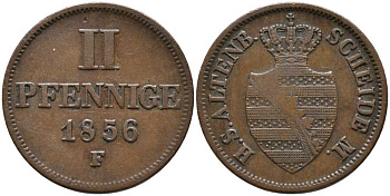 Саксен-Альтенбург 2 пфеннига 1856 F, Эрнст I Саксен-Альтенбургский (1853-1908) KM 15, AKS 62 медь    116-663