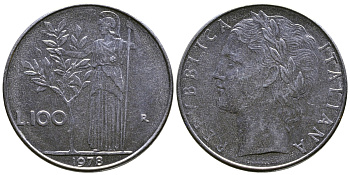 ИТАЛИЯ 100 ЛИР 1978 R, АФИНА KM 96.1 нержавеющая сталь 4383-812