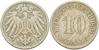 ГЕРМАНИЯ 10 ПФЕННИГОВ 1892 A KM 12, J. 13, Weege 8 медно-никель 261-1243
