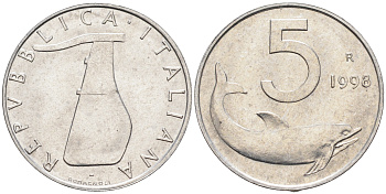 Италия 5 лир 1998 R, дельфин KM 92 алюминий  UNC  4594-932
