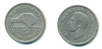Новая Зеландия 1 флорин 1950 Георг VI (1937-1952), птичка киви KM 18 медно-никель 59-1023