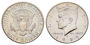 США 1/2 доллара (50 центов) 1995 D, Джон Кеннеди KM A202b медь плакированная медно-никелем UNC 4672-716