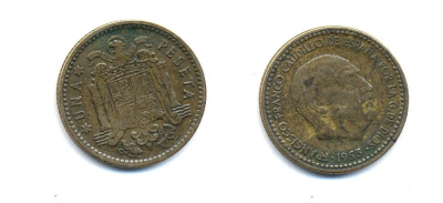 ИСПАНИЯ 1 ПЕСЕТА 1953 (61) ФРАНСИСКО ФРАНКО ДИКТАТОР ИСПАНИИ (1939-1975) KM 775 алюминиевая бронза 54-317