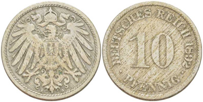 ГЕРМАНИЯ 10 ПФЕННИГОВ 1892 A KM 12, J. 13, Weege 8 медно-никель 261-1243