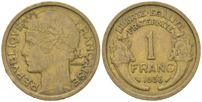 Франция 1 франк 1938 KM 885, Le Franc 219.2 алюминиевая бронза 261-533