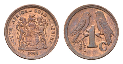 ЮАР 1 цент 1994 герб, капские воробьи KM 132 сталь плакированная медью UNC 4687-118