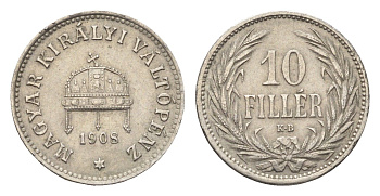Венгрия 10 филлеров 1908 KB, Франц Иосиф I (1848-1916) KM 482 никель 4665-722