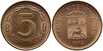 Венесуэла 5 сентимо 1974 KM 49 сталь плакированная медью 4392-934