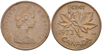 Канада 1 цент 1972 Елизавета II (1952-2022), кленовый лист KM 59.1 бронза 4181-1249