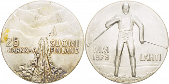 Финляндия 25 марок 1978 K-N, 21 Чемпионат мира по лыжным видам спорта 1978 в Лахти KM 56 серебро UNC 1515-1245