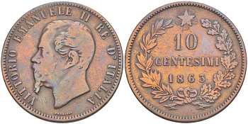ИТАЛИЯ 10 ЧЕНТЕЗИМО 1863 МОНДВОР ПАРИЖ, ВИКТОР ЭММАНУИЛ II (1861-1878) KM 11.2 медь 4526-726