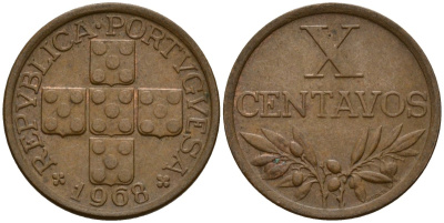 Португалия 10 сентаво 1968 KM 583 бронза 4154-1026