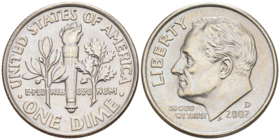 США 10 ЦЕНТОВ = 1 ДАЙМ 2002 D, РУЗВЕЛЬТ KM 195a медь плакированная медно-никелем 188-731