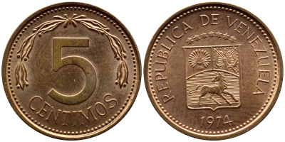 Венесуэла 5 сентимо 1974 KM 49 сталь плакированная медью 4392-934