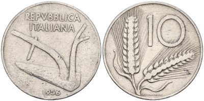 Италия 10 лир 1956 R, плуг KM 93 алюминий 4595-337
