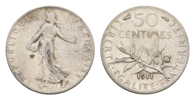 Франция 50 сантимов 1911 редкий год - 1.330.000 экземпляров KM 854 серебро 4655-519