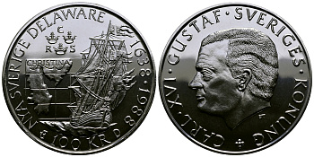 Швеция 100 крон 1988 Карл XVI Густав (1973- ), 350 лет шведской колонии Делавере KM 867.1 серебро UNC 1527-444