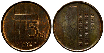 Нидерланды 5 центов 1982 Беатрикс (1980-2013) KM 202 бронза 181-717