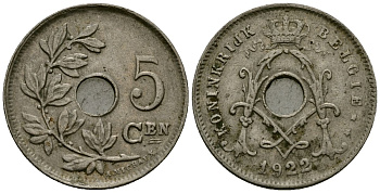 Бельгия 5 сантимов 1922 Belgie KM 67 медно-никель 4173-237