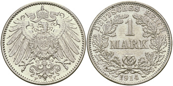 Германия 1 марка 1914 F Weege 18, J. 17, KM 14 серебро aUNC 98-1212