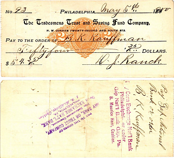 США чек на 54,25 долларов 1900 Филадельфия бумага 3295-77-1-2