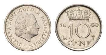 Нидерланды 10 центов 1980 Юлиана (1948-1980) KM 182 никель 206-448