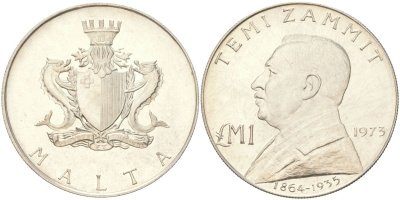 Мальта 1 лира 1973 Темистоклес Заммит KM 19 серебро BU 4367-811