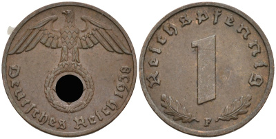 Германия 1 рейхспфенниг 1938 F KM 89, J 361 бронза 4136-1165