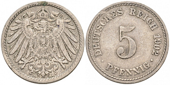ГЕРМАНИЯ 5 ПФЕННИГОВ 1902 A, KM 11, J. 12 медно-никель 73-1567