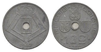 Бельгия 10 сантимов 1942 Belgie - Belgique, Леопольд III (1934-1947), германская оккупация, Вторая мировая война KM 124 цинк 4643-354