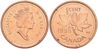 КАНАДА 1 ЦЕНТ 1998 КЛЕНОВЫЙ ЛИСТ, ЕЛИЗАВЕТА II KM 289 сталь плакированная медью 112-117