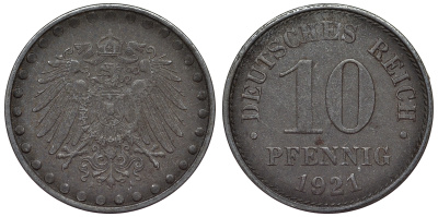Германия 10 пфеннигов 1921 A KM 20, J. 298 железо 4119-153