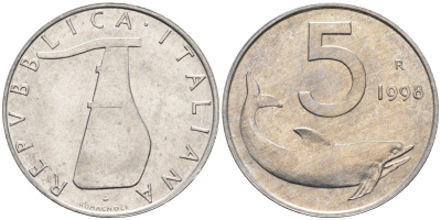 Италия 5 лир 1998 R, дельфин KM 92 алюминий  UNC  4594-723