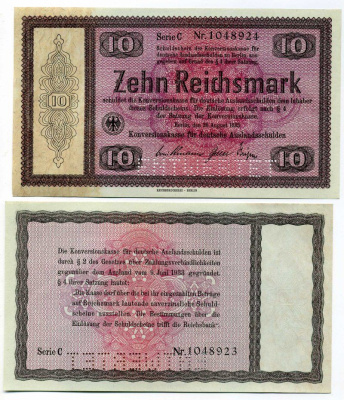 ГЕРМАНИЯ 10 РЕЙХСМАРОК 1933 28 АВГУСТА 1933, КОНВЕРСИОННЫЙ ВЫПУСК, ПРЕОБРАЗОВАНИЕ, ТРЕТИЙ РЕЙХ, СЕРИЯ С, ПЕРФОРАЦИЯ ENTWERTET Pick 200 бумага UNC (ПРЕСС) 000-00-00