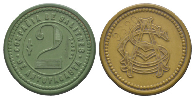 Чили, Антофагаста (Antofagasta) шахтерский жетон с Селитряного рудника для покупки в местных магазинах, номиналом в 2 песо около 1904 диаметр 34,5 мм, вес 5,54 гр Espinosa 22.10 эбонит (зеленый) 1094-11-42