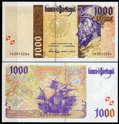 Португалия 1000 эскудо 1996 Педру Алвариш (Алварес) Кабрал, парусник, животные Бразилии Pick 188 b (3)  бумага  UNC (пресс) 6294-76-4-2