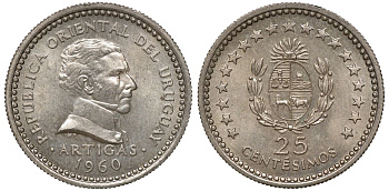 Уругвай 25 сентесимо 1960 KM 40 медно-никель 4169-957